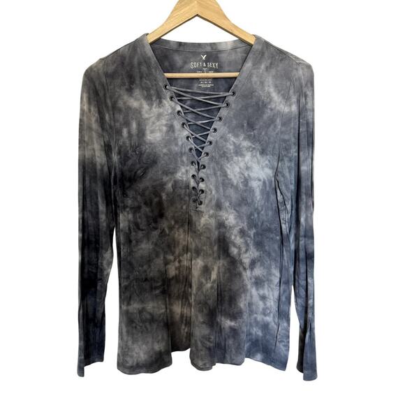 Blue Gray Lace Up Tie Dye Soft Long Sleeve Women's Size Medium Top - Picture 1 of 5